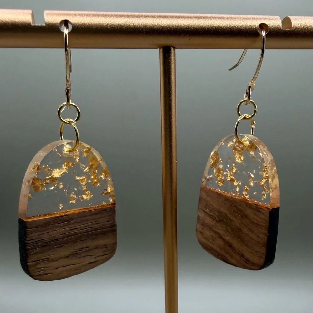 Handmade Wood & Resin Arch Dangle Earrings – Gold Leaf Boho Statement